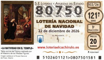 Anverso del d&eacute;cimo 80750 de la Loter&iacute;a de Navidad 2026, de Bilbao (Vizcaya)